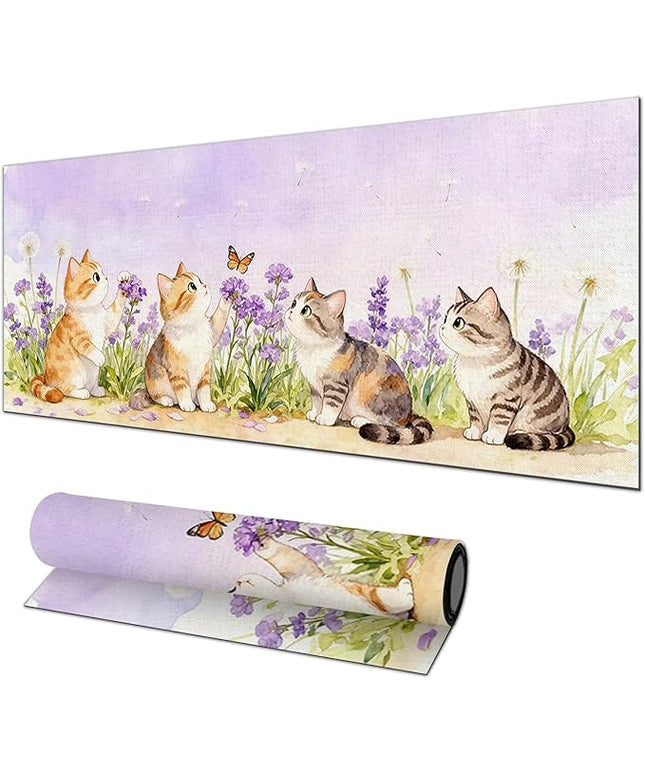 XL Mouse Pad Gaming Mousepad 31.5 x 11.8 Inch Large Keyboard Desktop Mat Diatomite Mouse Pad for Home and Office Desk Accessories with Watercolor Cat Lavender Meadow Artwork