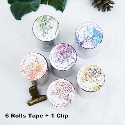 MiyouLuna 6 Rolls Blooming Forest PET Tape Set, 6 Rolls Tree-Themed Tapes with Decorative Clip, Scrapbook and Journal Supplies for DIY Crafts and Collage