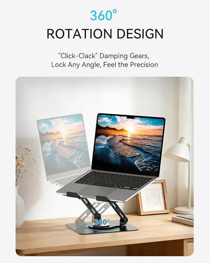 SOUNDANCE Laptop Stand with 360° Rotating Base, Ergonomic Computer Riser for Desk, Adjutable Height Muti-Angle, Foldable Laptop Mount, Stable Metal Holder Support 10-15.6" Notebook PC, Black