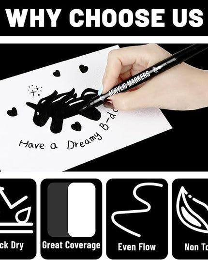 Black and White Acrylic Paint Markers, 12 Pack Dual Tip with Fine Tip and Brush Tip Pens for Stone, Wood, Calligraphy, Canvas, Ceramic, Metal, Glass, Rock Painting, DIY Crafts