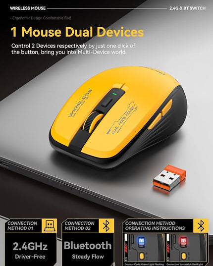 Wireless Mouse (Bluetooth & 2.4GHz USB) with Forward/Backward Side Keys, Silent Click, Ergonomic Portable AA Battery Mice for Laptop/Mac/iPad - Office & Travel Use, Yellow & Black