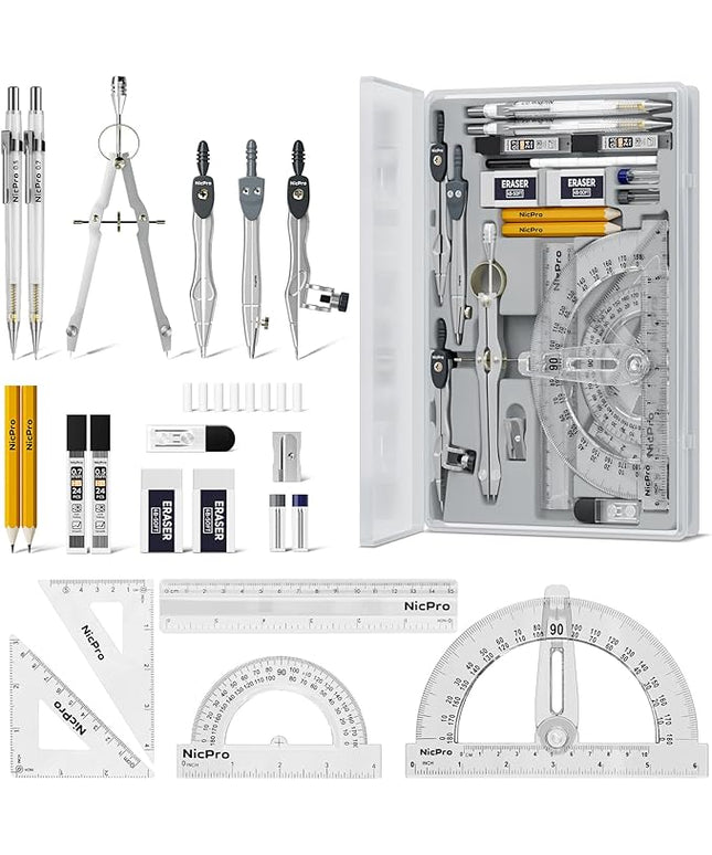Nicpro 22 PCS Compass Geometry Tools with Case, Drafting Tools Geometry Set with Swing Arm Protractor, Rulers, Metal Compass, Square Set, Mechanical Pencil, Back to School Supplies for Students