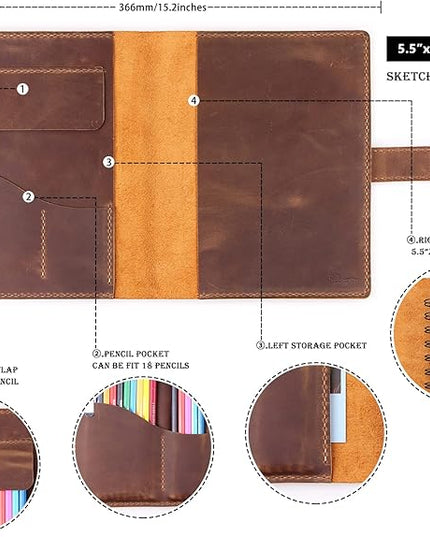 Robrasim Handmade Leather Sketchbook Cover, Leather Artist Sketch Pad Cover for 5.5" x 8.5" Sketchbook, Drawing Book and Pencil Case, Journal Notebook Portfolio, Artis Gifts-Brown