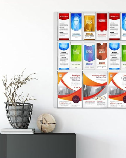 Weysat Acrylic Brochure Holder Wall Mount, Clear Plastic Pamphlet Holder Magazine Display Trifold Flyer Rack Hanging Literature Storage Organizer(3 Magazine Pockets, 12 Pamphlet Pockets)