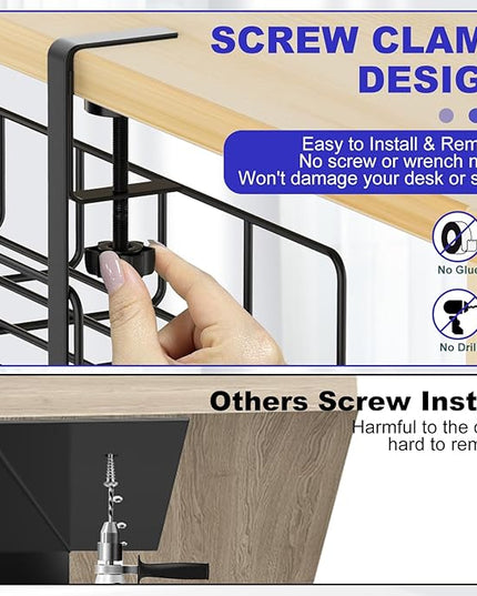 15.7” Under Desk Cable Management Tray, No Drill Steel Cable Tray Organizers, Wire Management Tray Cable Rack with Clamp Mount, Metal Under Desk Tray with Wire and Cord Organizer (Black, 1 Pack)