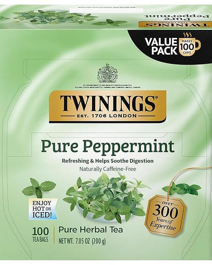 Twinings Pure Peppermint Herbal Tea Individually Wrapped Bags, 100 Count (Pack of 1), Fresh Minty Flavour, Naturally Caffeine-Free, Enjoy Hot or Iced, 100 Teabags