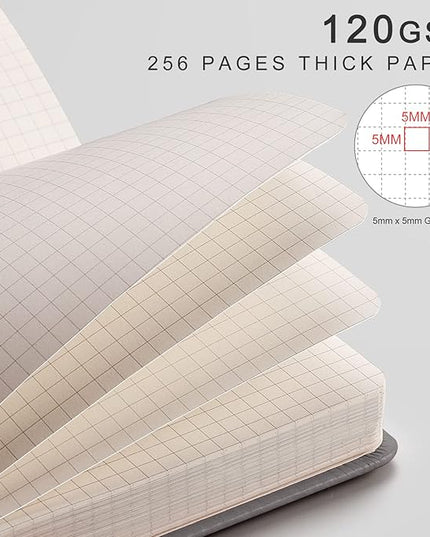 EMSHOI Graph Paper Notebook 256-Page A5 Grid Journal, PU Leather Hardcover 120gsm Thick, Bleed-Resistant Paper, Portable 5.75” x 8.38” Size for Work, Math, Engineering– Dark Grey