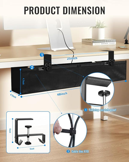 No Drill Cable Management Under Desk, 48" Cord Organizer for Table, Clamp/Screw Mount Cable Tray, Premium Black Fabric Desk Cord Management Tray for Office, Home (Extra Large (48 Inch))