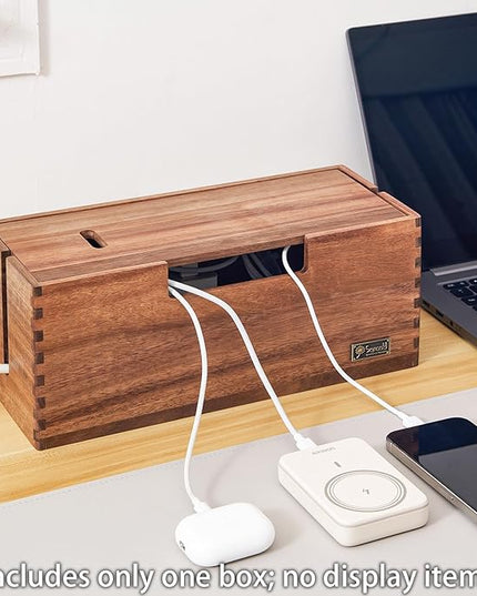 Cable Management Box, Acacia Wood Cord Hider Organizer for Power Strips, TV, Desk & Floor Wires, Under Desk Cable Storage Box for Office & Home