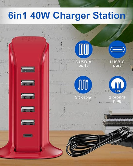 USB Phone Charger 6 Ports 40W Upoy, Type C Wall Charger Smart 6A, Charging Tower with 5ft Power Cord, USB Power Adapter Fast Charging, Smart Home Device Charging Station, iPhone/Ipad Accessories