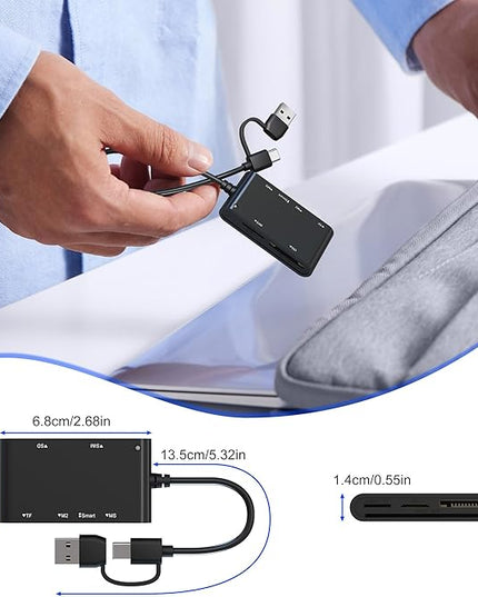 USB C/A Smart Card Reader and Memory Card Adapter 7 in 2 CAC Reader- Military CAC, SIM, SD/TF/MS Pro Duo/M2/IC/PIV Card Reader for Windows/Mac/Linux, Plug and Play