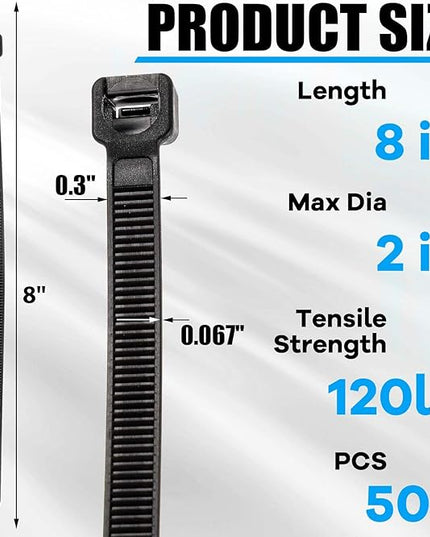 Reallnaive 500 Pcs 8 Inch Zip Ties Heavy Duty 120 Lbs Tensile Strength Black Nylon Wire Cable Ties Bulk for Indoor Outdoor