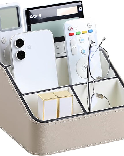 MEIBOOCH Remote Control Holder, PU Leather Small Desk Organizer with 4 Compartments, Nightstand Organizer Desk Caddy for Remote, Notepad, Phone, Glasses, and Accessories (Beige)
