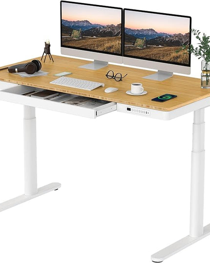 SANODESK Standing Desk with Drawer,Dual Motor 3 Stage Electric Height Adjustable Home Office Desk with Storage & Wireless Charging, 55 inch Bamboo Tabletop/White Frame