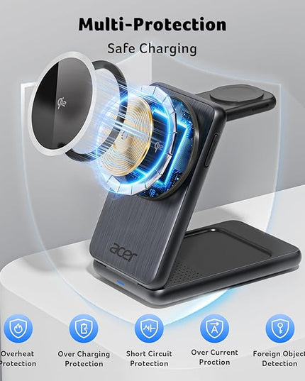 Acer 3 in 1 Charging Station for iPhone, Wireless Charger Stand,15W Fast MagSafe Charger for iPhone 17 16 15 14 13 12 Series-Apple Watch 10 9 8 7 6 5 4 3 2 SE and Ultra Series-Airpods 4 3 2 Pro Series