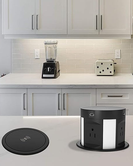 Automatic Pop Up Outlet for Countertop, Recessed Power Strip with 4 AC Outlets, 2 USB A, 2 USB C Pop Up Socket, Wireless Charger Station for Kitchen Conference Workbench, ETL Listed