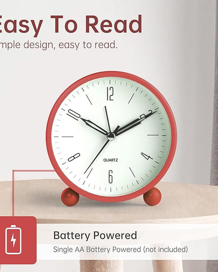 Analog Alarm Clock, 4 inch Super Silent Non Ticking Small Clock with Night Light, Battery Operated, Simple Design, Old Fashioned Style Wine-red Decor, for Bedroom, Bedside, Desk, Adult, Kid, Gift, Red