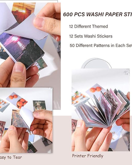 12 Sets 600 Sheets Washi Stickers for Journaling, Daily Quote Flower Nature Travel Stickers Vintage Aesthetic Scrapbook Sticker Set for Bullet Journal Art Diary Card Craft Gifts Planner Notebook