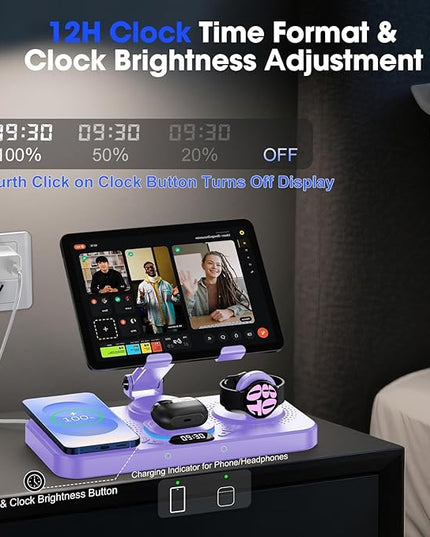 30W Magnetic Wireless Charger for Samsung Foldable Android Mag-Safe Charging Station for Galaxy Tab with Clock &7 Color Light, Watch Charger for S25 Ultra, for Samsung Watch8, Galaxy Buds3 Pro(Purple