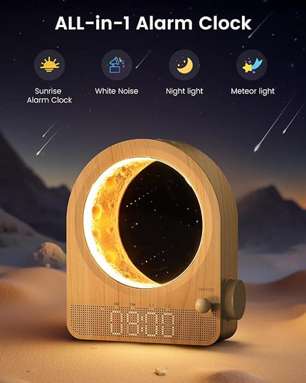 Sunrise Alarm Clock, White Noise Machine & Meteor Moonlight - 10 Soothing Sounds, Dual Alarms, 30/60/90min Timer, Easy Snooze - Bedroom Gift for Insomnia Adults/Women - Wood Grain