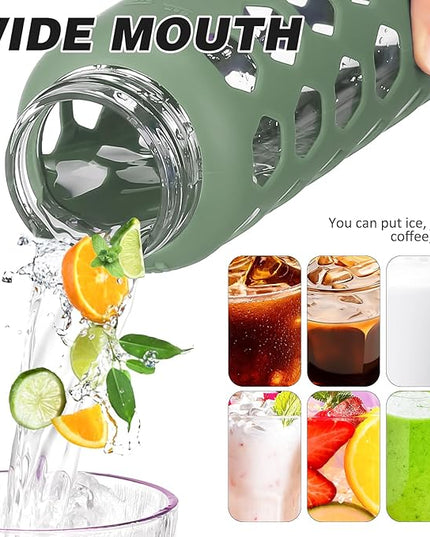MUKOKO Glass Water Bottles, 24oz Glass Tumbler with Straw, Drinking Bottles with 2 Lids-Handle Spout Lid&Bamboo Straw Lid, Motivational Water Bottle with Time Marker and Silicone Sleeve, 1 Pack-Olive