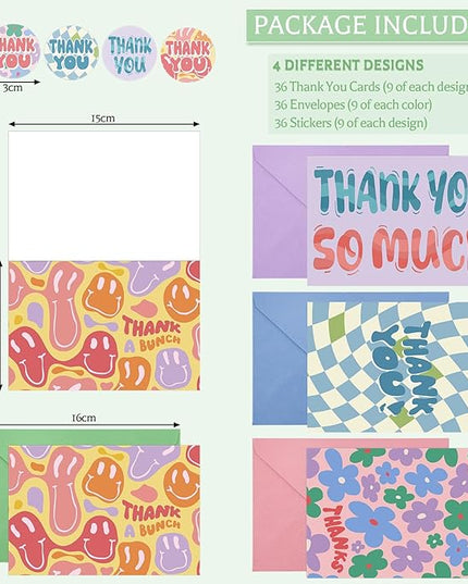 Thboxes 36 Pack Thank You Cards with Envelopes, 4x6 Inch Thank You Cards with Envelopes & Stickers, Cute Greeting Card for Birthday, Wedding, Baby Shower, Bridal Shower, Thanksgiving, Christmas