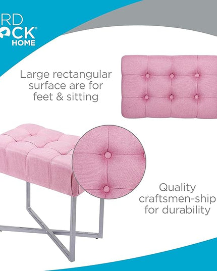BIRDROCK HOME Rectangular Tufted Foot Stool Ottoman with Soft Padded Cushion - Versatile Vanity Chair for Bedroom, Living Room, Bathroom - Compact Seating for Adults - Pink with Silver Metal Legs
