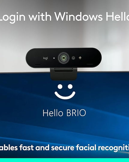 Logitech Brio 4K Webcam, Video Calling, Noise-Cancelling mic, HD Auto Light Correction, Wide Field of View, Windows Hello Works with Microsoft Teams, Zoom, Google Meet, PC/Mac/Laptop/MacBook/Tablet