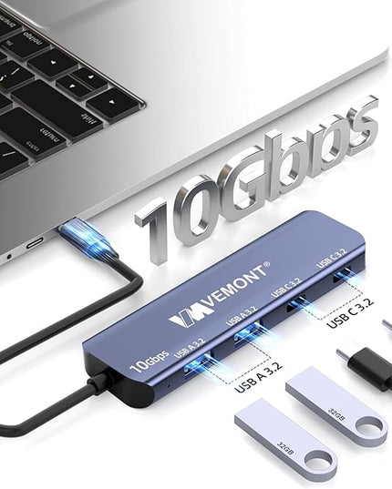 USB C Hub 3.2 10Gbps, VEMONT Aluminum USB 3.2 Hub with 2 USB-C and 2 USB-A Data Ports, Ultra Slim USB 3.2 Gen 2 Hub for MacBook Pro/Air 2022/2021, iPhone 15, iPad Pro, XPS, Surface Pro and More
