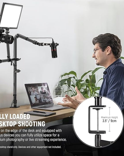 NEEWER Overhead Camera Desk Mount Rig Stand with 2 Boom Arms for Photography Devices: Video Light Ring Light Phone Mount Webcam Mic Compact DSLR for Home Office Studio Live Streaming Broadcast, ST008