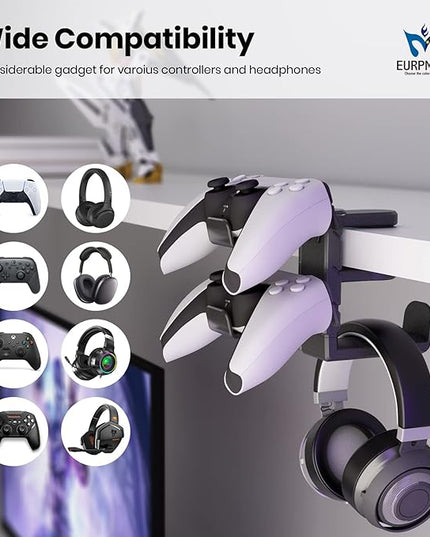 3-in-1 PC Gaming Headset&Controller Holder - EURPMASK Headphone Stand w/Adjustable Clamp&2 Controller Holder&Rotating Arm&Cable Organizer, Universal PC Gaming Accessory Controller Headset Stand-Black
