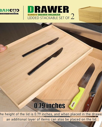 Stackable Bamboo Drawer Organizer Set – 2 Boxes with 1 Lid | Wood-Laminated Trays for Kitchen Utensils, Silverware & Flatware – Fits Cabinets, Pantry, Bathroom & Office | 14.6"x10.2" (2-Pack)