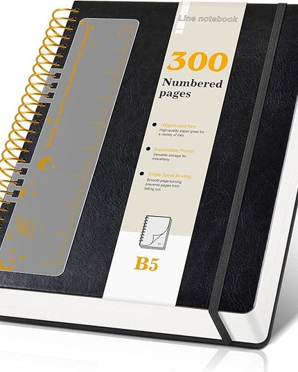 B5 Spiral Notebook Journal 7.6” x 10”, 300 Numbered Pages Hardcover Leather Journals for Women Men, Large Lined College Ruled Notebooks, 100GSM Thick Paper, Spiral Bound Journal for Work School, Black