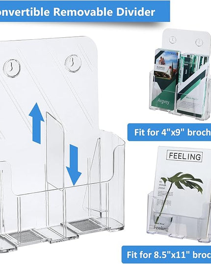 Argvey Acrylic Brochure Holder 8.5 x 11 inches, 2 Pack Clear Brochure Display Stand with Removable Divider for Trifold 4 Inches Wide Pamphlet, Plastic Flyer Holder for Magazine, Literature, Booklet