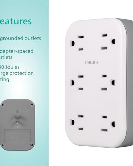 Philips EZFit 6-Outlet Surge Protector Outlet Extender, Wall Tap, Grounded Widely Spaced Outlets, 900 Joules, for Home Office Dorm Essentials, White, SPP6602W/37
