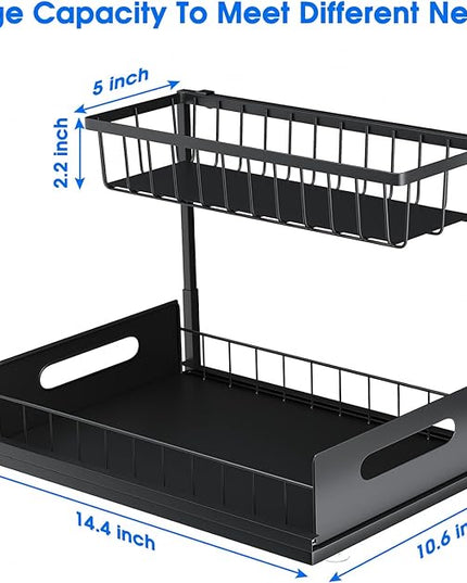 Under Sink Organizer, 2 Tier Pull-Out Cabinet Storage Shelf, Rust-Resistant Metal Organizer for Kitchen Bathroom Laundry Room, No Tools Installation, 1 Pack Black