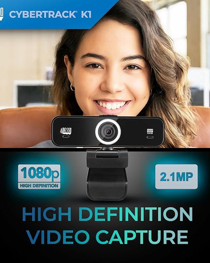 Adesso CyberTrack K1 1080P Full HD Fixed Focus USB Webcam with Adjustable View Angle Built-in Dual Microphones, Privacy Shutter, Audio/Video Mode Privacy ON/Off Switch & Tripod Mount