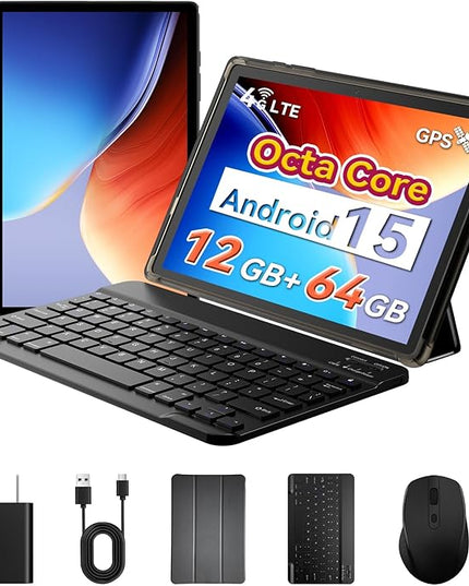 Topsand Android Tablet 10 inch, Android 15 Tablet with Keyboard, Mouse, 4G LTE Cellular, IPS Display, MediaTek Octa Core Processor, 12GB+64GB, 2TB Expandable,5G Wi-Fi, GPS, 2-in-1 Tablets with Case