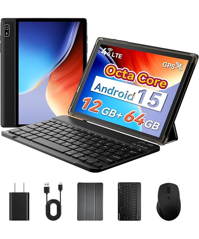 Topsand Android Tablet 10 inch, Android 15 Tablet with Keyboard, Mouse, 4G LTE Cellular, IPS Display, MediaTek Octa Core Processor, 12GB+64GB, 2TB Expandable,5G Wi-Fi, GPS, 2-in-1 Tablets with Case