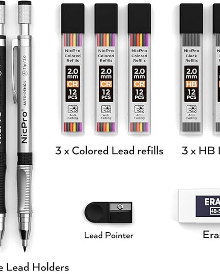Nicpro 11 Pieces Colors 2mm Mechanical Pencil Set, 3 PCS Carpenter Drafting Pencil 2.0 mm for Art Drawing Writing Sketching Construction with 6 Tube Pre-Sharpen 2B & Color Refill, Eraser, Sharpener