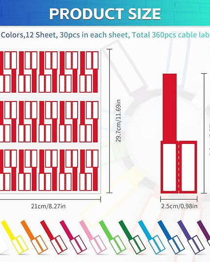 360PCS Cable Labels, 12 Colors Waterproof Cable Tags Wire Cord Label for Electronics Cable Management, Self Adhesive Color Border Cord Labels for Laser Printer and Handwriting