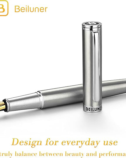 BEILUNER Luxury Fountain Pen Set, Solid 24K Gilded Medium Nib, Silver Stainless Steel Body- Includes 6 Ink Cartridges & Ink Refill Converter with Gift Case - Nice pen for Men and Women