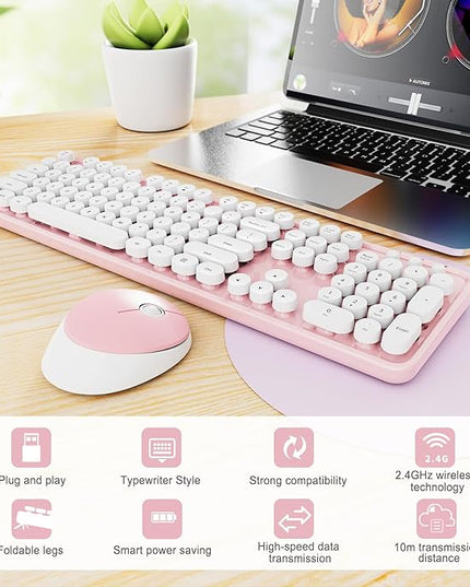 Wireless Keyboard and Mouse Combo, Ergonomic Full Size Typewriter Retro Round Keycaps Keyboard, Compatible with Windows, PC, Perfer for Home and Office Keyboards (Lovely Pink)