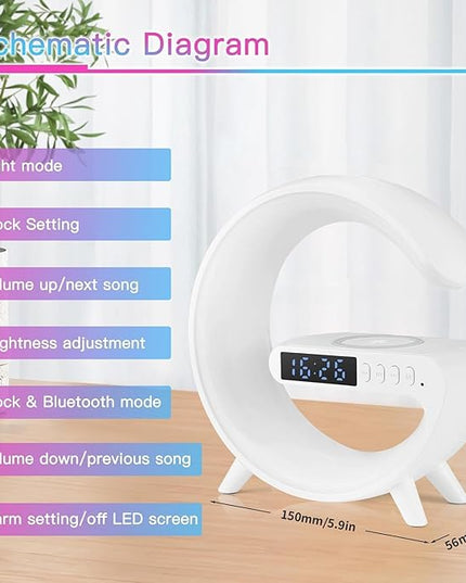 Mini Wireless Speaker with Atmosphere Light, Wireless Charging, Alarm Clock and Bedside Lamp (White)