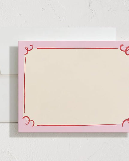 Minted Curly Corners Stationery Set, Set of 10, Flat Note Cards & Envelopes for Invitiations and Handwritten Thank You Messages, Pink Hand-Drawn Frame Design, Gifts for Women, Luxurious Paper