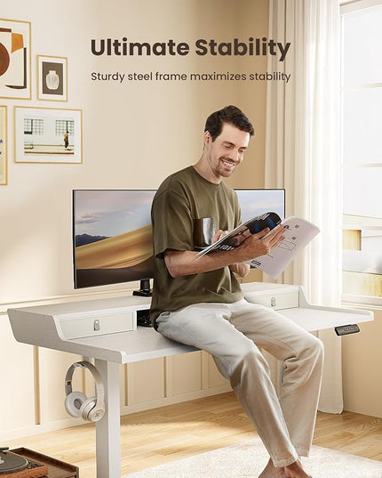ErGear Electric Standing Desk with Drawers, 55″ x 28″ Gaming Table Compatible Monitor Stand, Stand up Desks, Home Office Height-Adjustable Desk with Storage Shelf, 4 Preset Heights, White