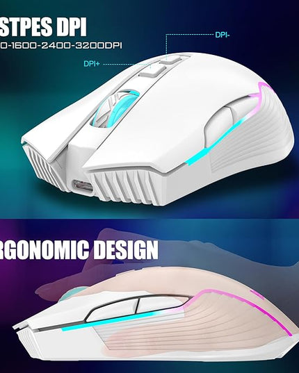 RedThunder K10 Wireless Gaming Keyboard and Mouse Combo, RGB Backlit Rechargeable 3800mAh Battery, Mechanical Feel Anti-ghosting Keyboard + 7D 3200DPI Mice for PC Gamer(White Pudding)