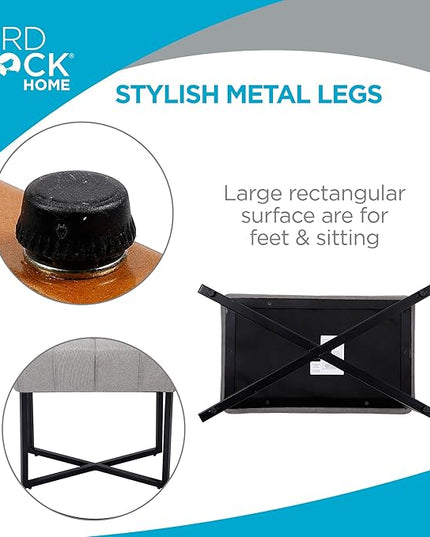 BIRDROCK HOME Rectangular Tufted Foot Stool Ottoman with Soft Padded Cushion - Versatile Vanity Chair for Bedroom, Living Room, Bathroom - Compact Seating for Adults - Grey with Black Metal Legs