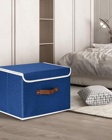 TYEERS Foldable Storage Boxes with Lids 5 Pack Fabric Storage Bins with Lids, Closet Organizers for Clothes Storage, Room Organization, Office Storage, Toys - Classic Blue