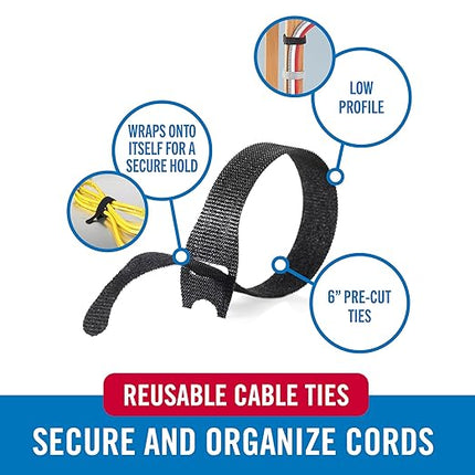 Velcro Brand Reusable Cable Ties, Practical Tech Gifts for Men, 100 Pack 6 Inch Cable Management Ties for Electronics and Desk Organization, Black